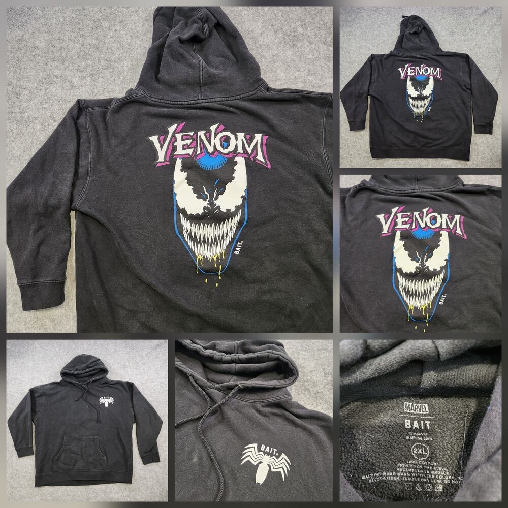Marvel X Bait Venom Hoodie Mens 2XL Black Spider‎ Pullover Sweatshirt Comic Book